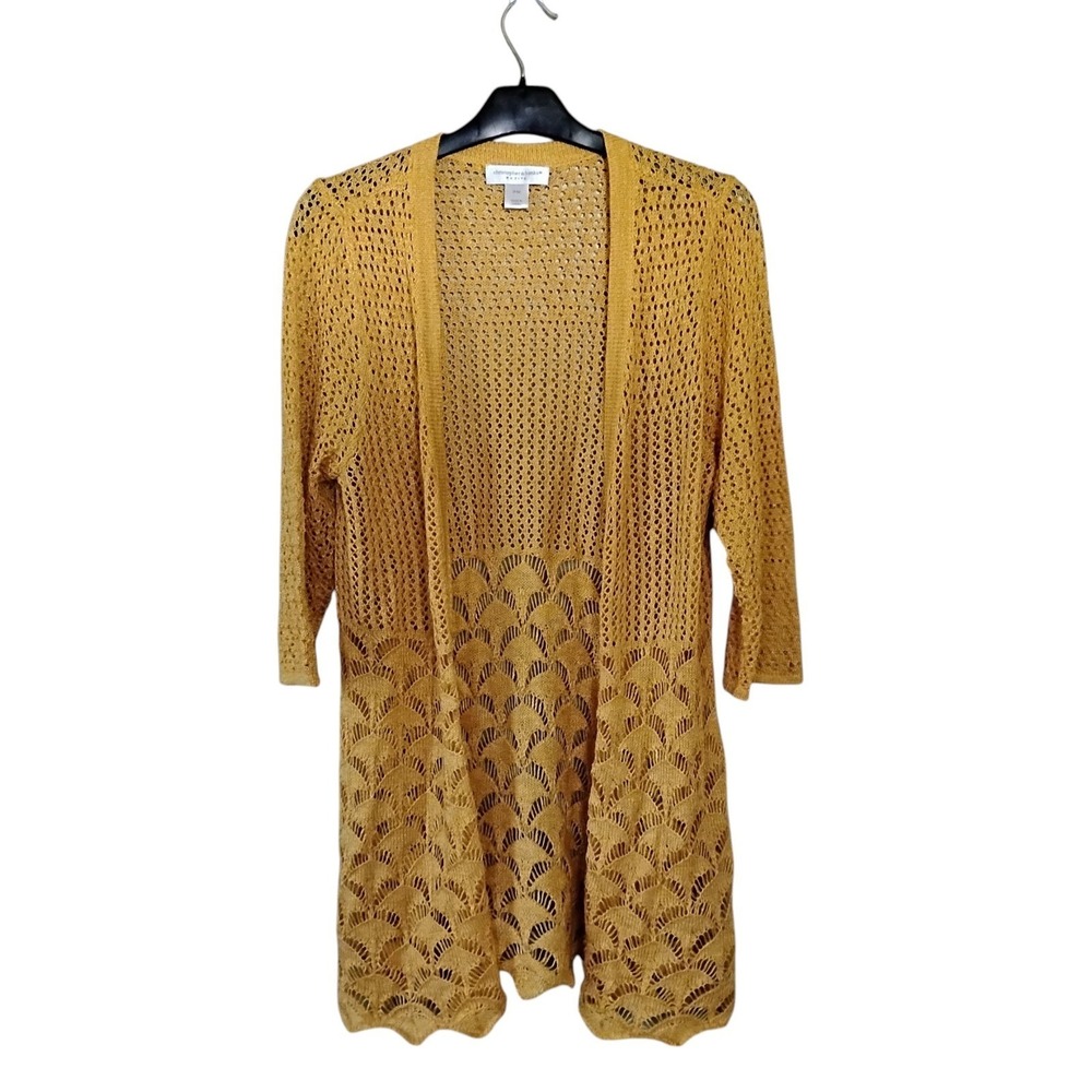 Christopher & Banks Petite Mustard Yellow Crochet Knit Open Front Cardigan PM